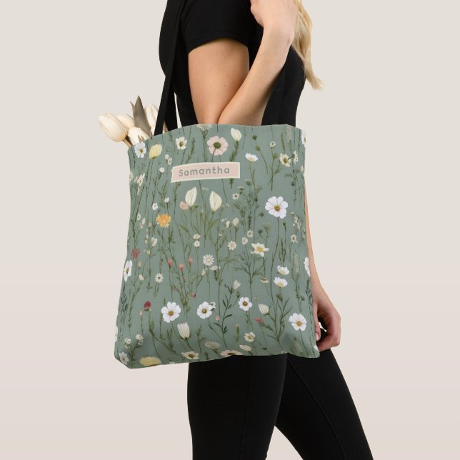 Tote Bag Monogramme Sage Vert Jaune Blanc Fleurs sauvages B (De près)