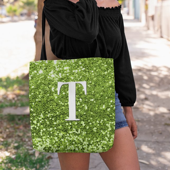 Tote Bag Monogramme scintillant à faux éclats de vert citro (Lime Green Chunky Glitter Monogram Tote Bag)