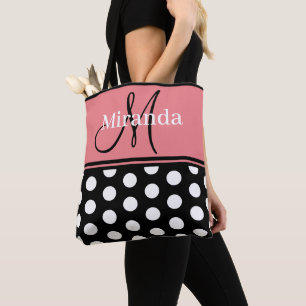 Tote Bag Monogramme Script noir rose Pois blancs