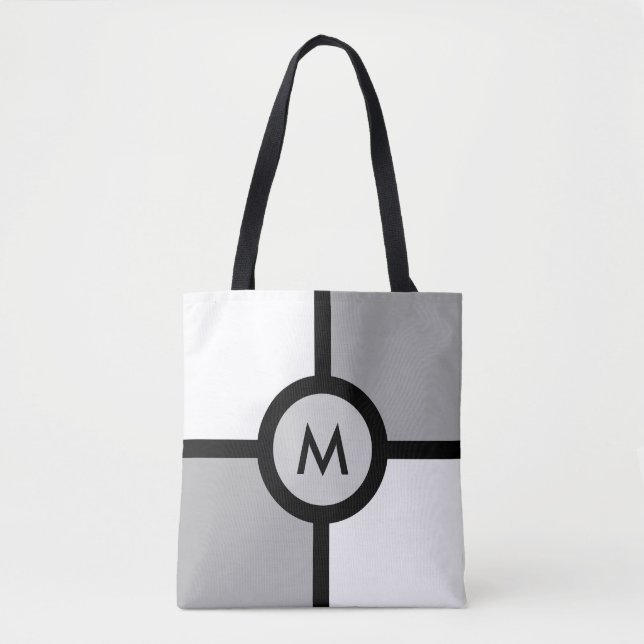 Tote Bag Monogramme sur fond abstrait noir gris et blanc (Devant)