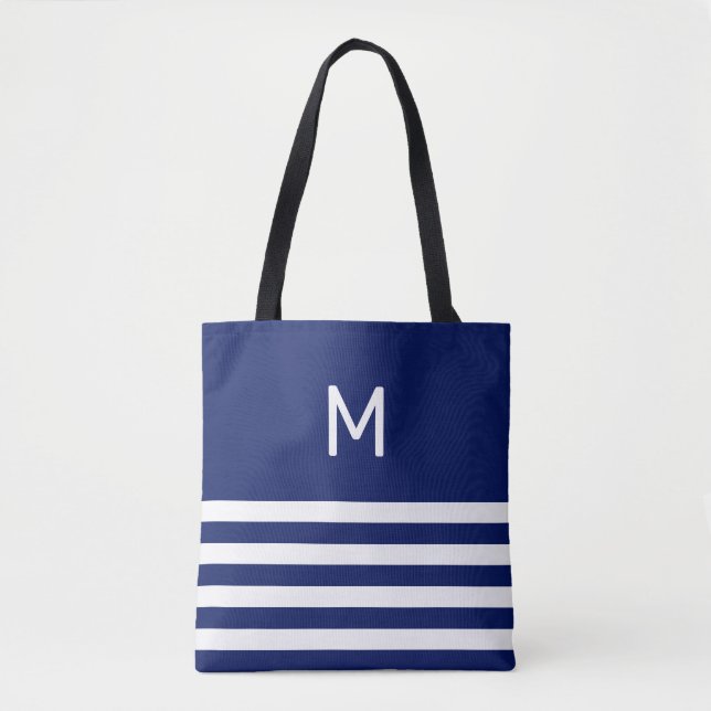 Tote Bag Monogramme sur fond rayé bleu et blanc (Devant)