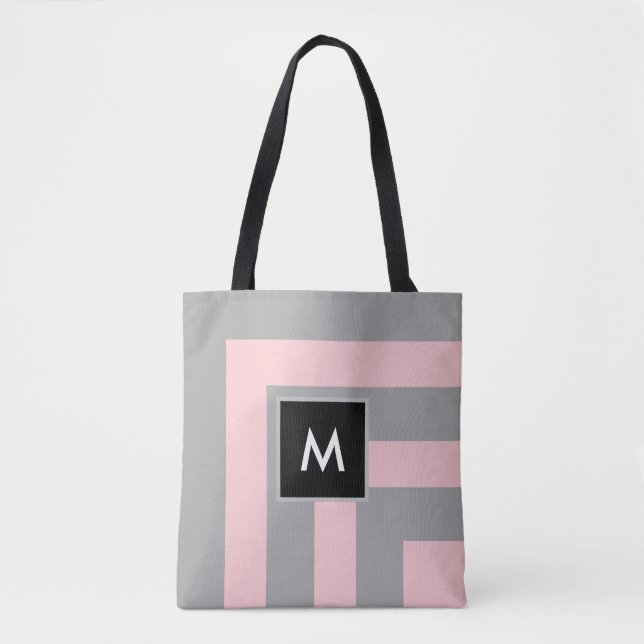 Tote Bag Monogramme sur gris clair et rose rayé (Devant)