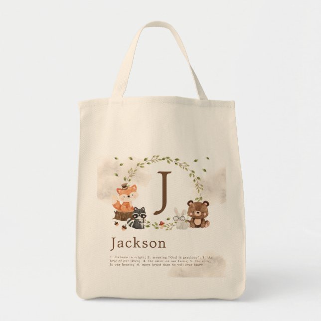 Tote Bag Monogramme sur mesure des animaux de bois (Devant)