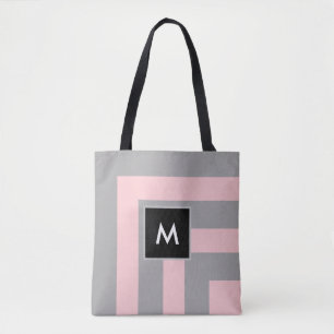 Tote Bag Monogramme sur rayé gris clair et rose