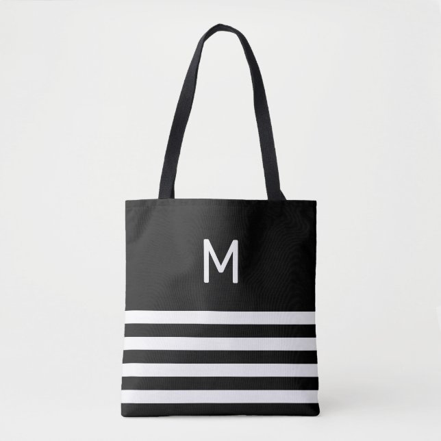Tote Bag Monogramme sur rayures noires et blanches (Devant)