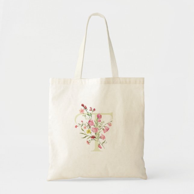 Tote Bag monogramme T mariage floral printemps Réception de (Devant)