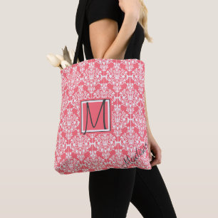 Tote Bag Monogramme tendance rose et blanc Damas