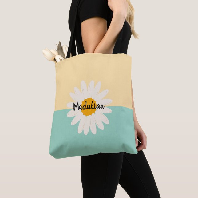 Tote Bag Monogramme tournesol mignon bloc couleur bleu Beig (De près)
