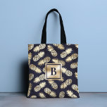Tote Bag Monogramme Tropical Ananas Girly Gold Navy<br><div class="desc">Ce design tropical moderne présente des ananas dorés sur un arrière - plan bleu marine avec votre monogramme personnalisé au centre. Personnalisez en modifiant le texte dans la zone de texte fournie. #monogramme #monogrammed #initial #personnalisé #tropical #ananas #girly #feminine #fruit #gold #navy #golden #golden #chic design #élégant #feminine #giftsforher #blue...</div>