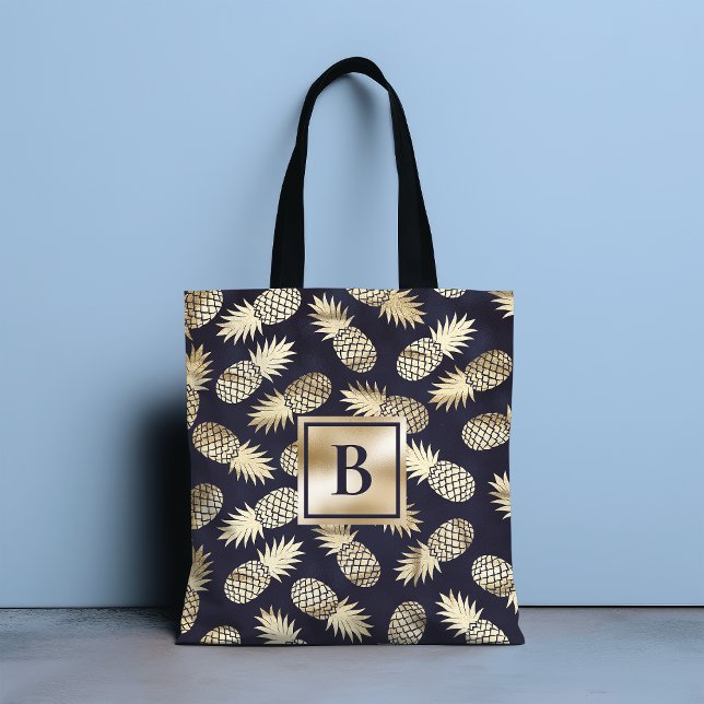 Tote Bag Monogramme Tropical Ananas Girly Gold Navy (Créateur téléchargé)