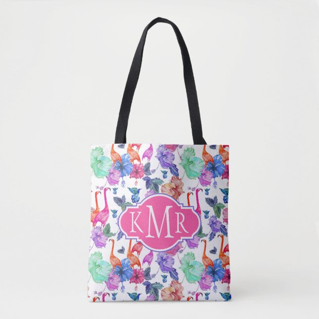 Tote Bag Monogramme tropical du motif | d'aquarelle (Devant)