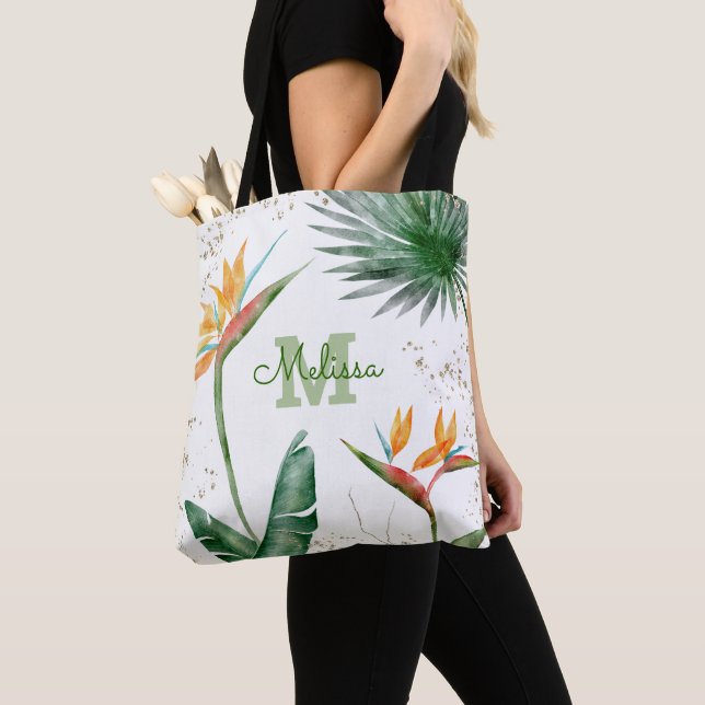 Tote Bag Monogramme Tropical Island Floral Script Or Blanc (De près)