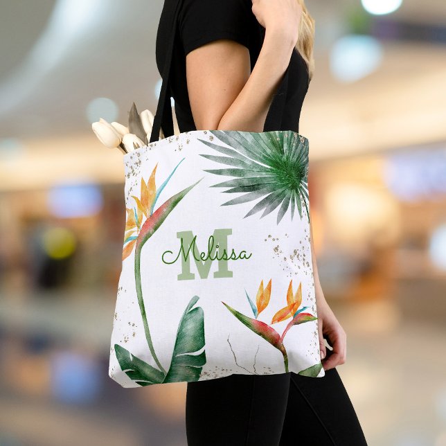Tote Bag Monogramme Tropical Island Floral Script Or Blanc (Créateur téléchargé)