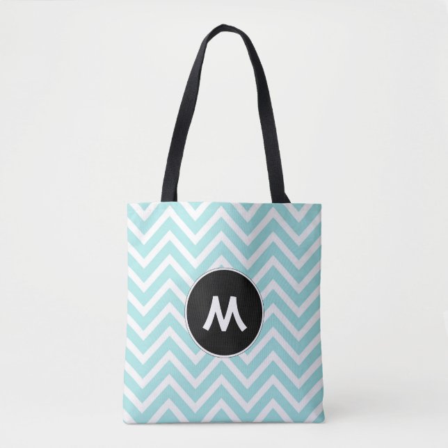 Tote Bag Monogramme Turquoise et Blanc Chevron (Devant)