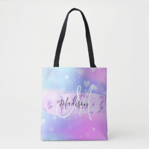 Tote Bag Monogramme Unicorn couleur Girly Rainbow Hearts