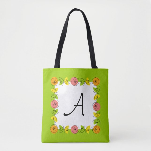 Tote Bag Monogramme vert Carré d'agrumes partout sur fourre (Devant)