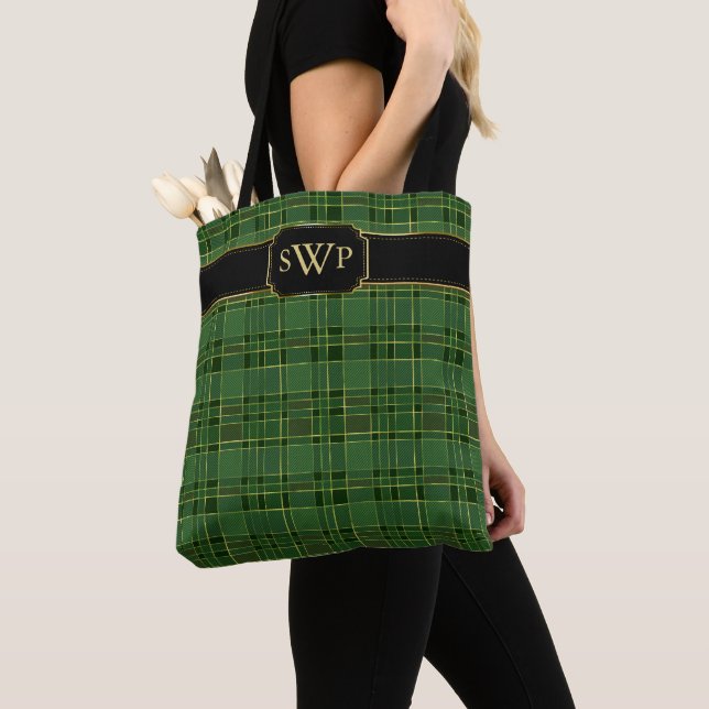 Tote Bag Monogramme vert de Noël plaqué or Tartan (De près)