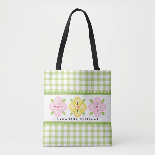 Tote Bag Monogramme vert En vichy floral (Devant)