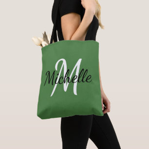 Tote Bag Monogramme vert et blanc minimaliste moderne