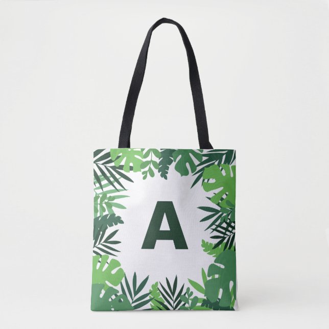 Tote Bag Monogramme vert palmier tropical feuille floral (Devant)