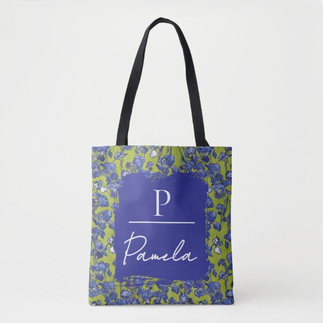 Tote Bag Monogramme vert pomme aux Iris de Van Gogh  (Devant)