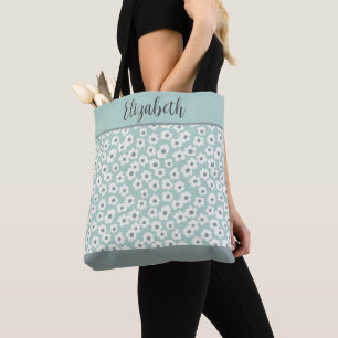 Tote Bag Monogramme Vert Sauge Blanc Gris Floral Bohème Mar