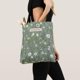 Tote Bag Monogramme Vert Sauge Jaune Blanc Fleurs Sauvages 
