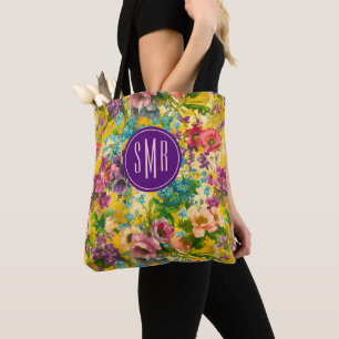 Tote Bag monogramme vintage jaune fleuri motif