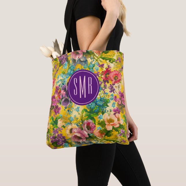 Tote Bag monogramme vintage jaune fleuri motif (De près)
