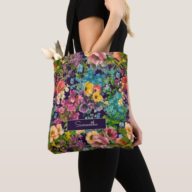 Tote Bag monogramme vintage motif noir fleuri violet (De près)