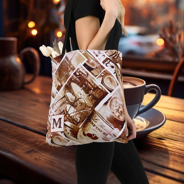 Tote Bag Monogramme Vintage Paris Café Aquarelle Collage (Tote bag featuring a vintage watercolor collage pattern with coffee and Paris imagery)