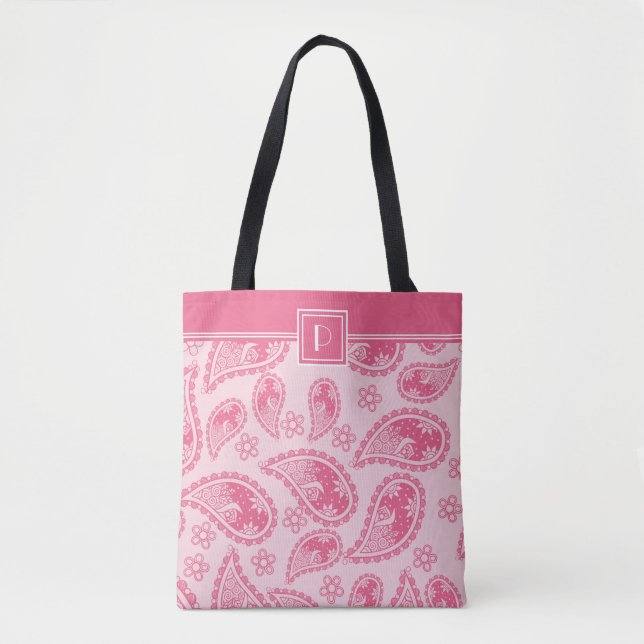 Tote Bag Monogramme & Votre Nom Sur Pink Paisley Motif (Devant)