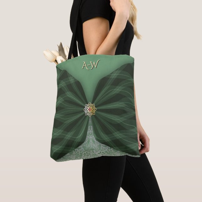 Tote Bag Monogrammed Botanical GreenJewel Textile Illusion  (De près)