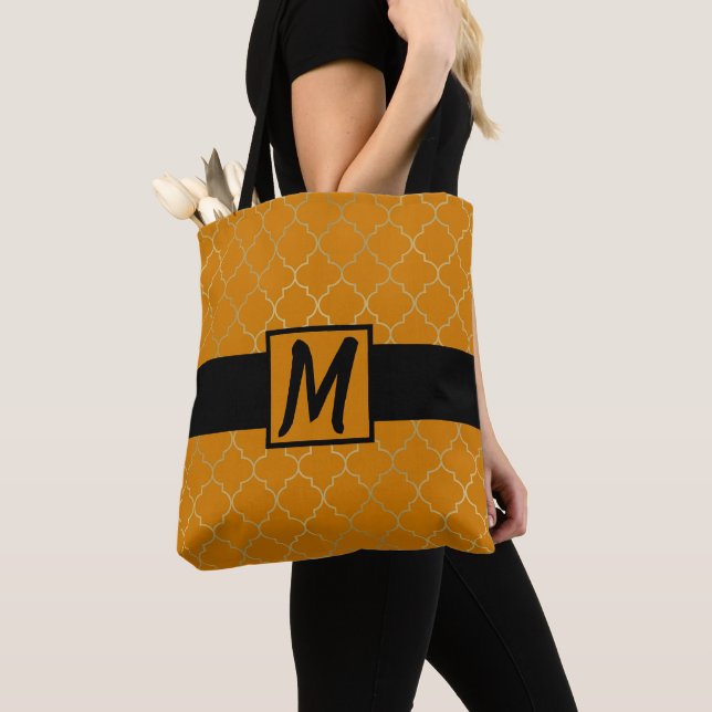 Tote Bag monogrammed de Turmeric Yellow & Gold Quatrefoil (De près)