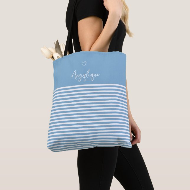 Tote Bag Monongramme bleu moderne Coeur et rayures (De près)