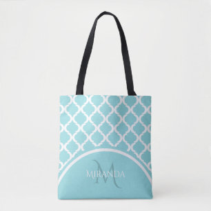 Tote Bag Monongramme et nom du Quatrefoil Aqua Grand tendan