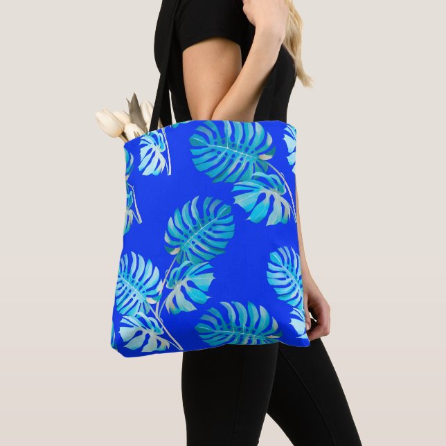 Tote Bag Monstera Brise Bleu Cobalt (De près)