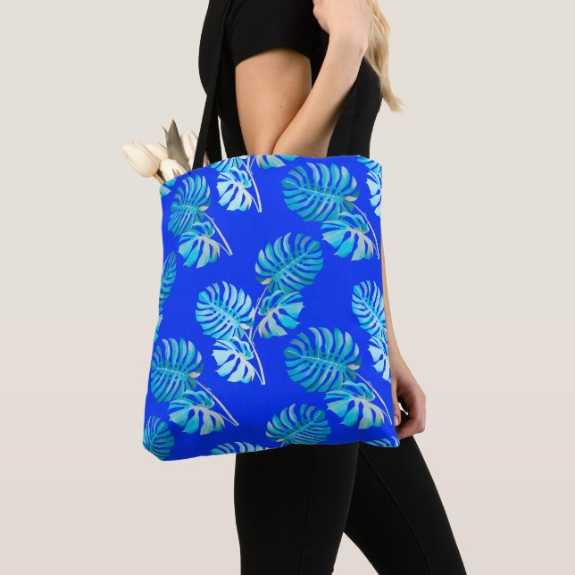Tote Bag Monstera Brise Bleu Cobalt (De près)