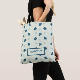 Tote Bag Monstère tropicale monogramme feuille sur bleu
