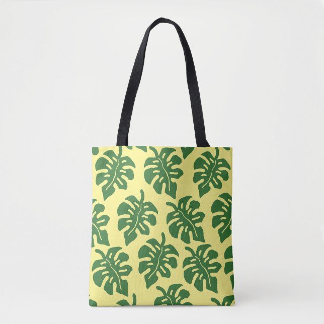 Tote Bag Monstère Tropicale Vert et Jaune Motif Feuille (Devant)
