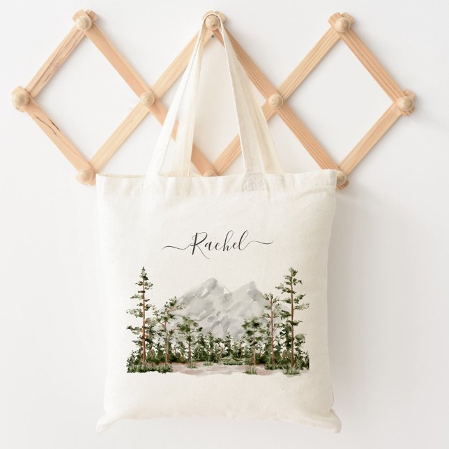 Tote Bag Montagne et forêt aquarelle monogrammée (In situ)