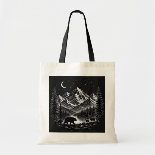 Tote Bag Montagne Mystique Nuit Sauvage Style Linogravure
