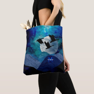 Tote Bag Montagnes nocturnes bleues artistiques aux oies mo