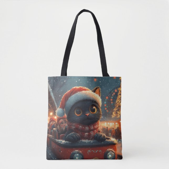 Tote Bag Montagnes Russes Chat Noir de Noël (Devant)
