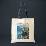Tote Bag Montreux Suisse Travel Art Vintage<br><div class="desc">Montreux design de déplacement vectoriel rétro. Montreux est une station balnéaire traditionnelle située sur le lac Léman. Niché entre des collines escarpées et le lac.</div>