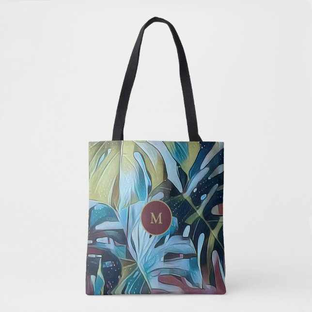 Tote Bag Moody Botanique Blue Monstera Feuilles avec Monogr (Devant)