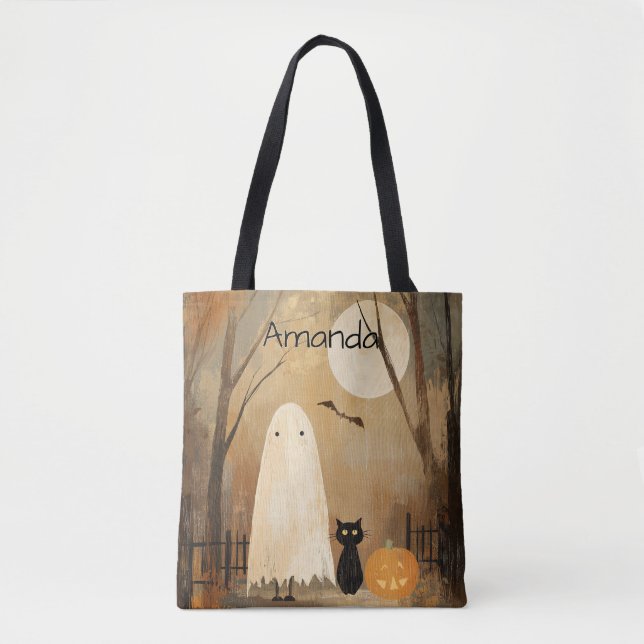 Tote Bag Moody Ghost & Black Cat Vintage Halloween (Devant)