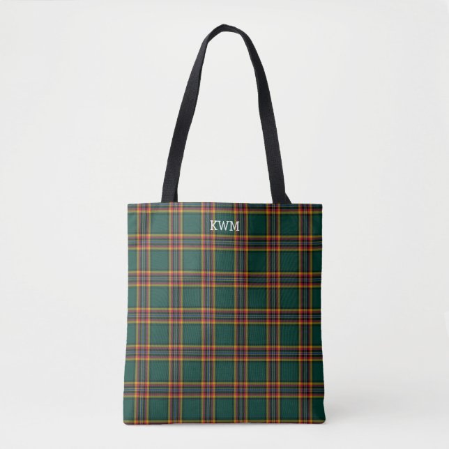 Tote Bag Moran Clan Tartan vert foncé Monogramme plaqué (Devant)