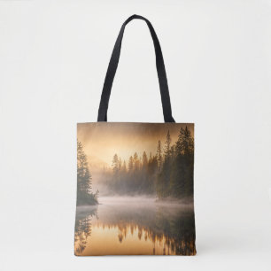 Tote Bag Morning Mist on River in the Pines