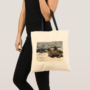 Tote Bag Morses dans la neige arctique, animal marin vintag